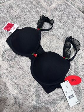 Parade Black Padded Bra with Ruffle Straps and Rose Accent size Small, 32C, 32D